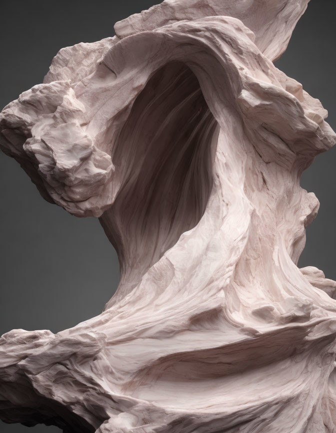 Abstract flowing rock formation with intricate layers and central hollow space in earth tones