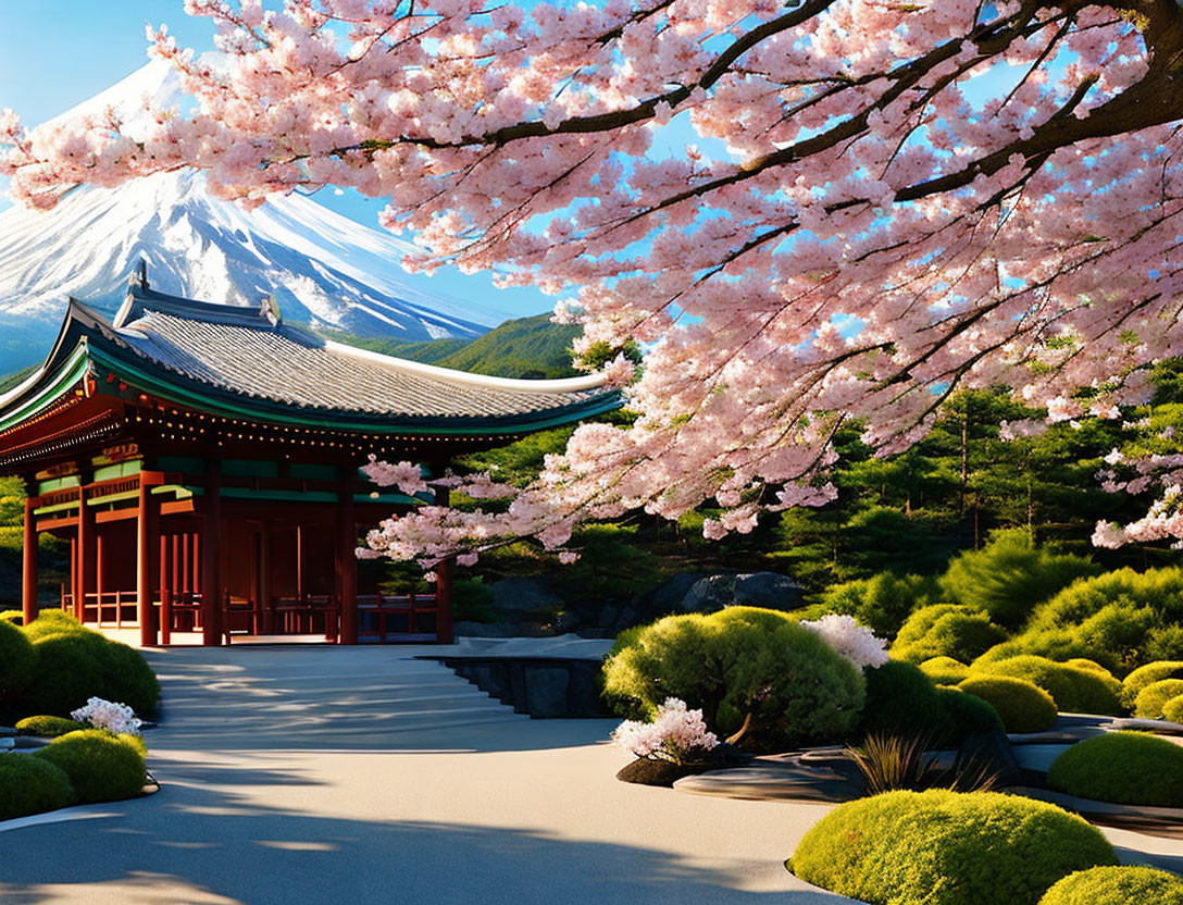 Japanese temple framed by cherry blossoms and Mount Fuji against a clear sky