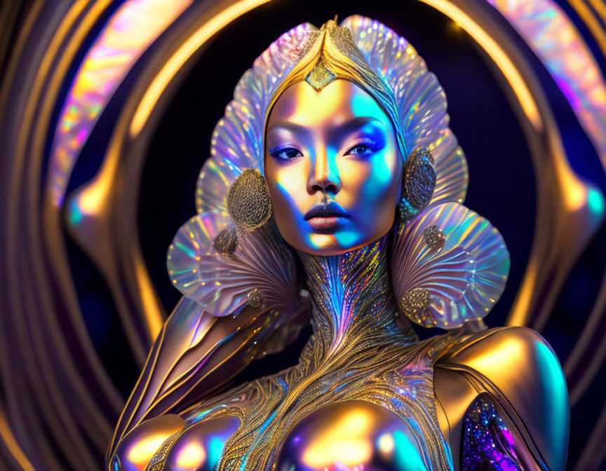 Futuristic female figure with golden headdress and glowing blue skin