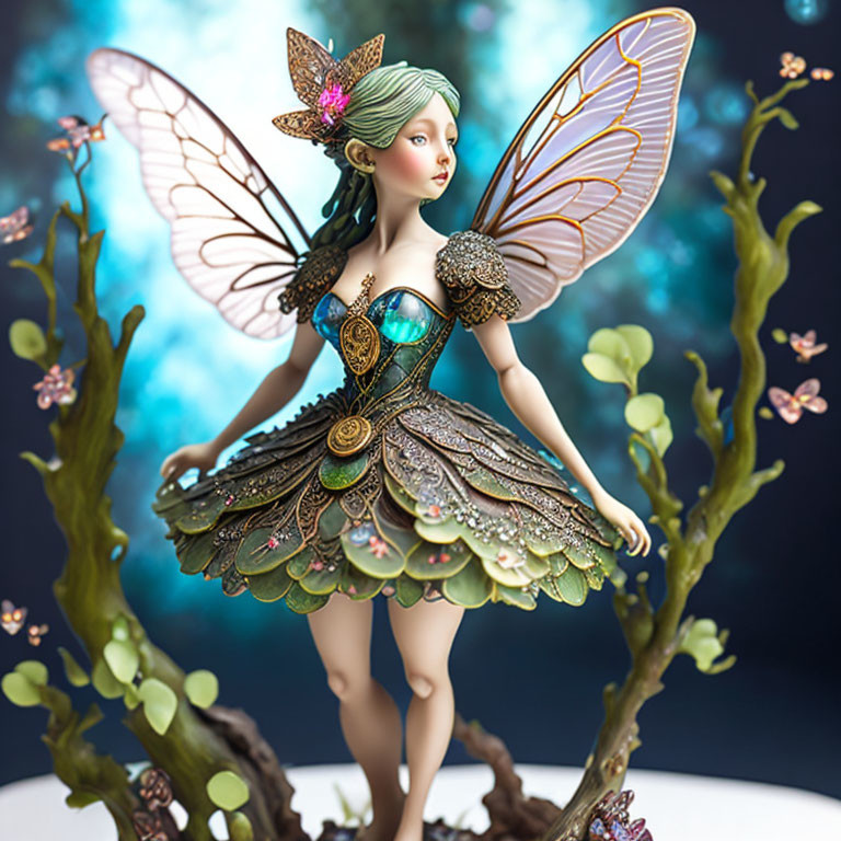 Translucent winged fairy figurine in leaf-like dress among whimsical flora