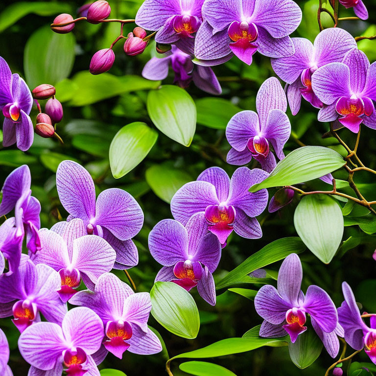 Vibrant Purple Orchids with Yellow Centers and Green Leaves