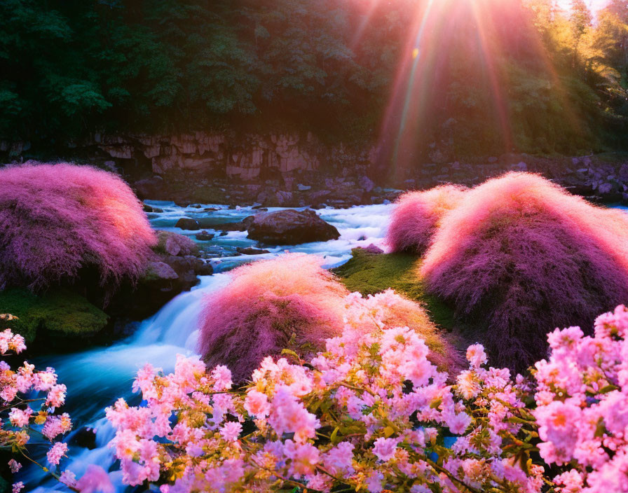 Scenic stream with pink plants and cherry blossoms under sunlight