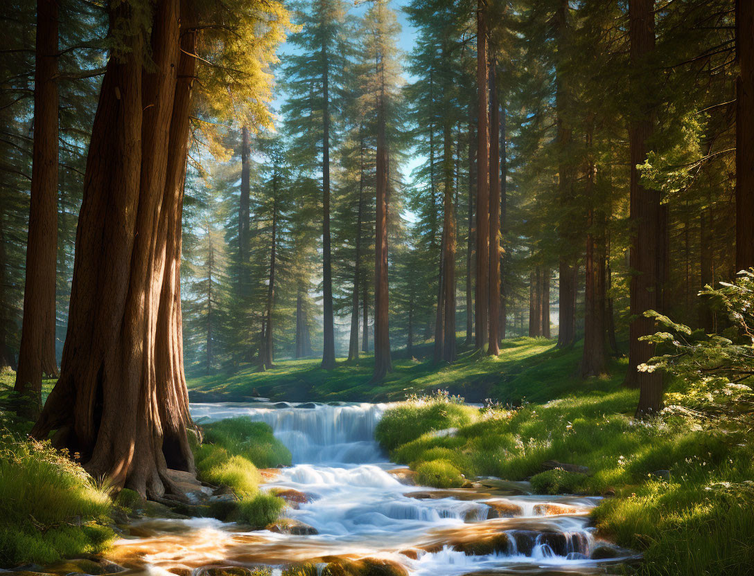 Tranquil forest waterfall with towering trees and sunbeams