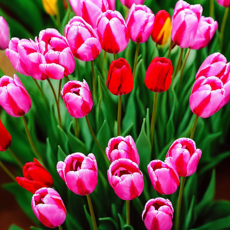 Colorful Mixed Tulip Bouquet with Yellow Accent on Green Background