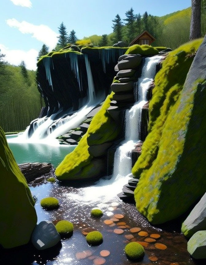 Tranquil waterfall scene with moss-covered rocks and wooden hut