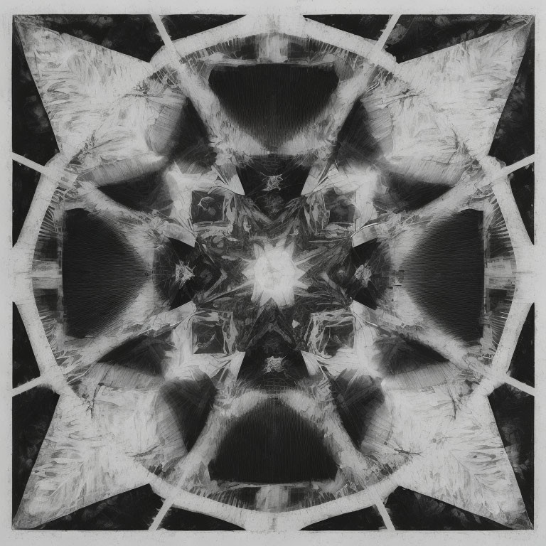 Monochrome abstract kaleidoscopic pattern with star-like structures