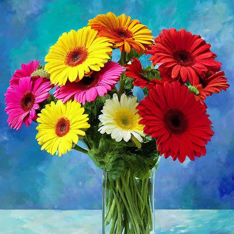 Colorful daisies in a vase on textured blue background