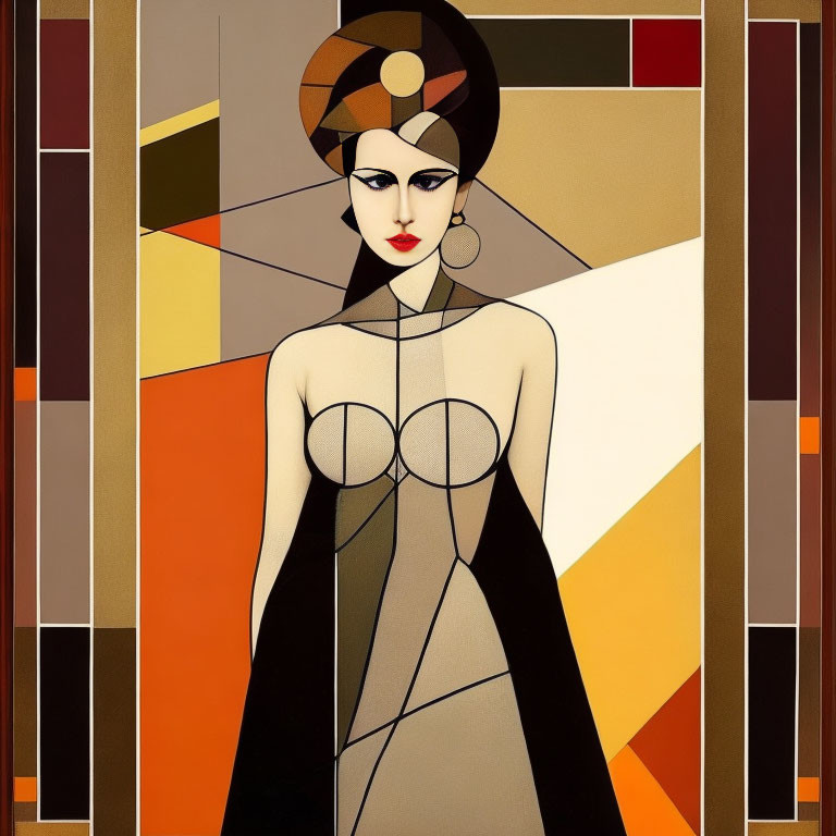 Art Deco Woman Illustration with Stylized Headdress and Geometric Gown