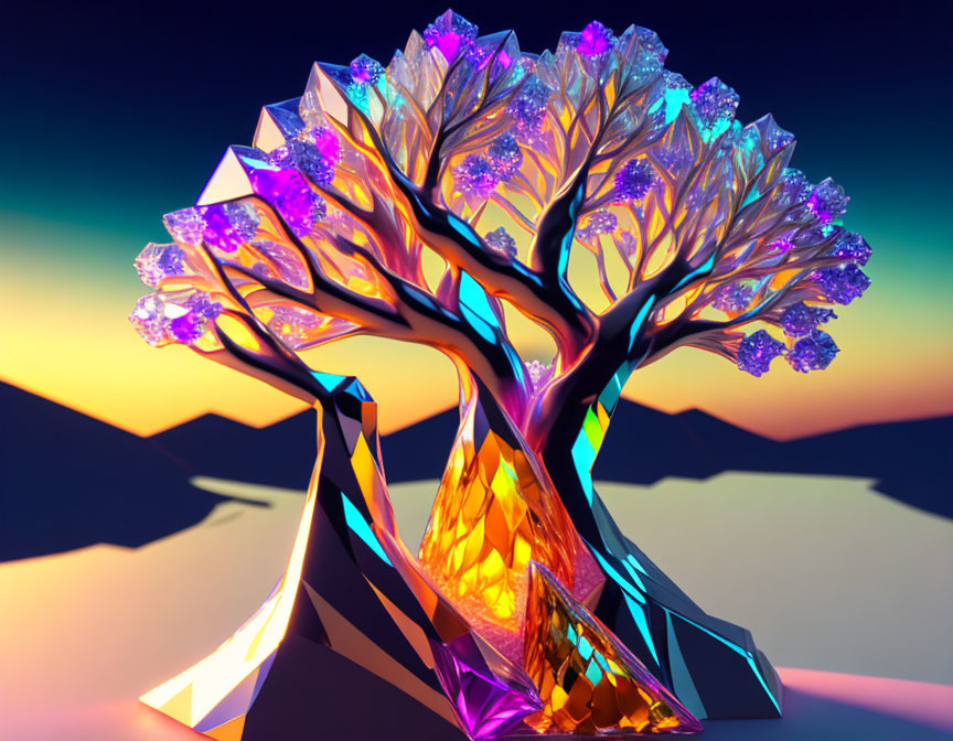 Colorful crystal-like tree against serene dusk sky with mountains.