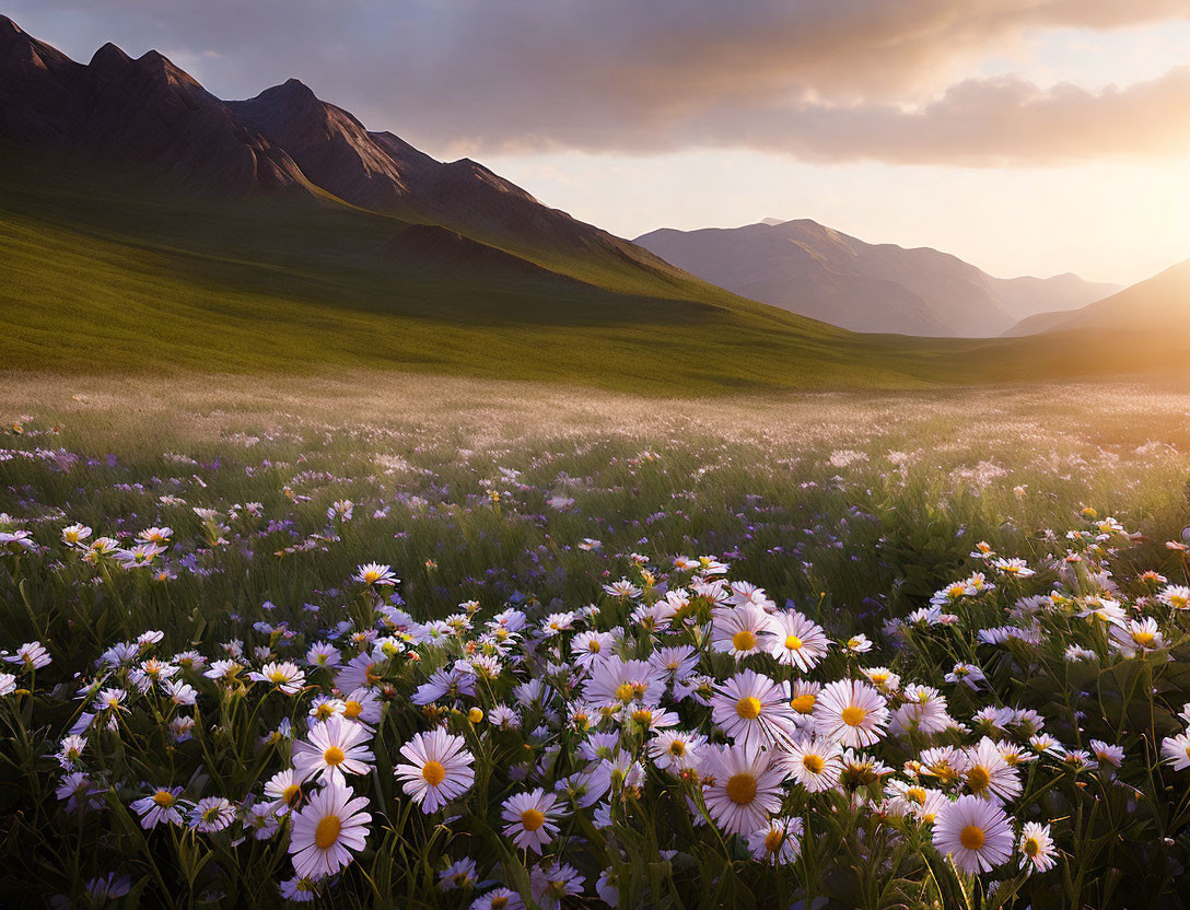 Scenic sunset view over meadow with white daisies