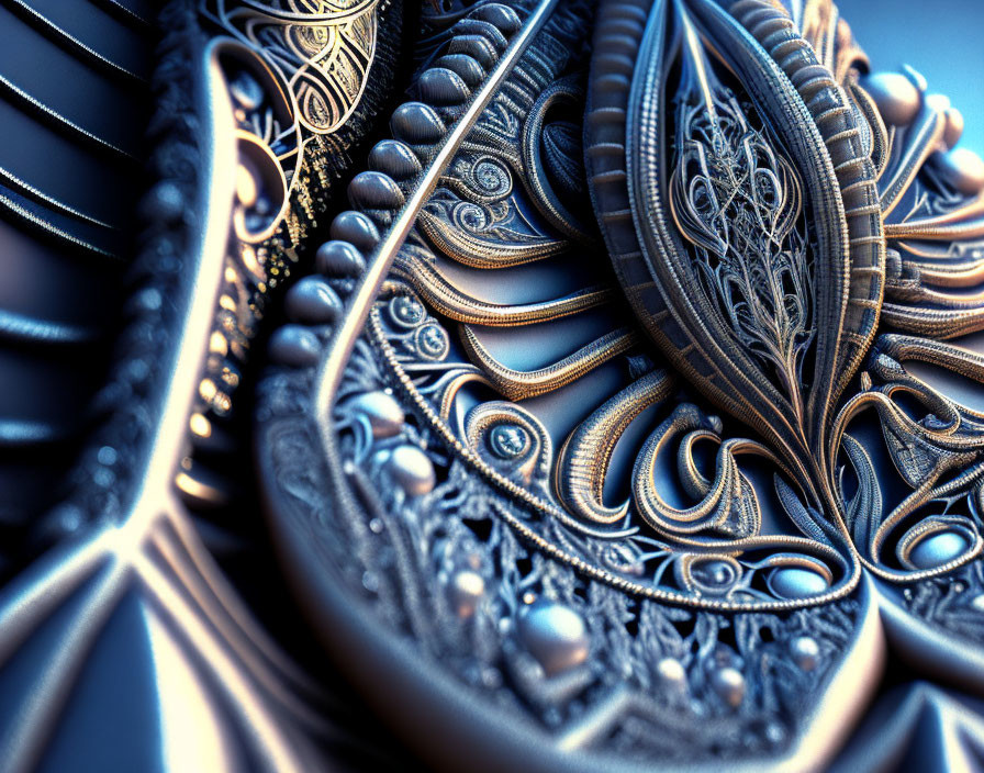 Detailed Blue and Gold Fractal Design with Swirls and Textures