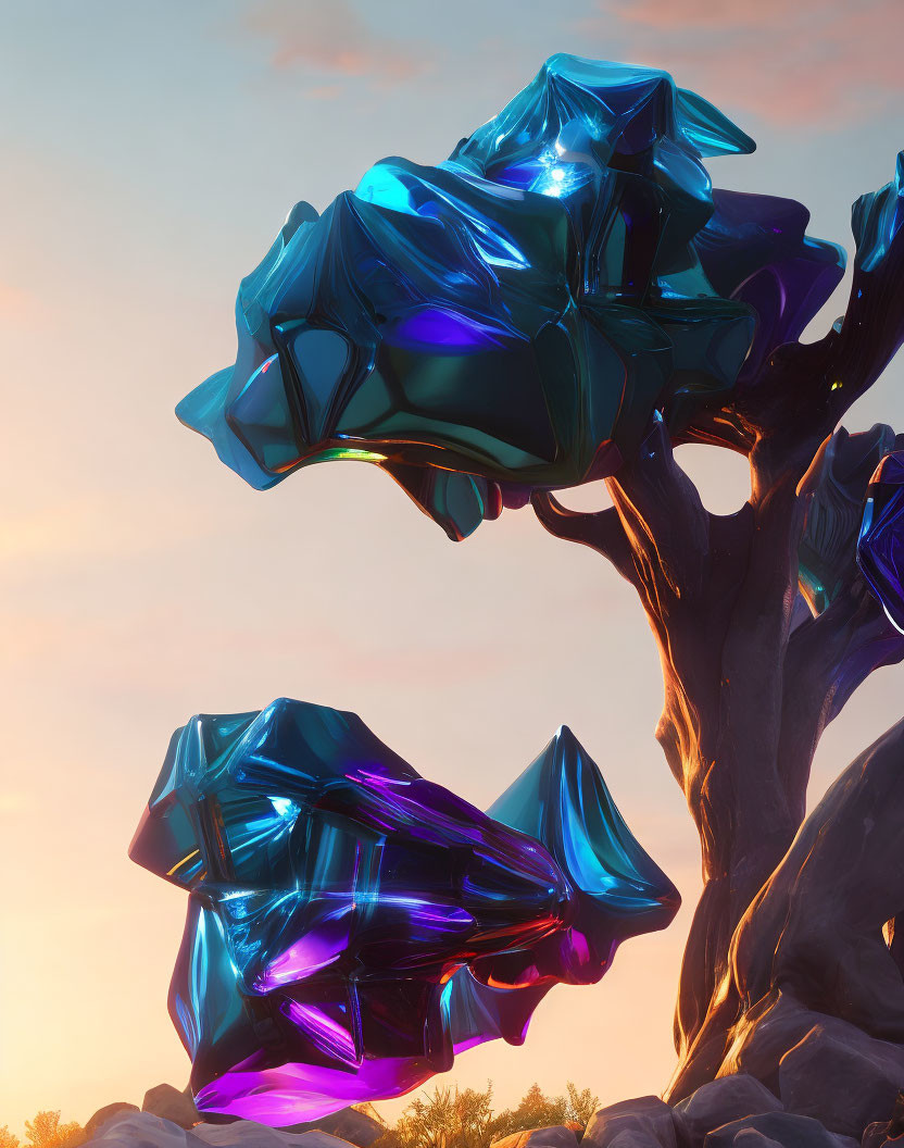 Luminous blue tree with crystal-like leaves at sunset