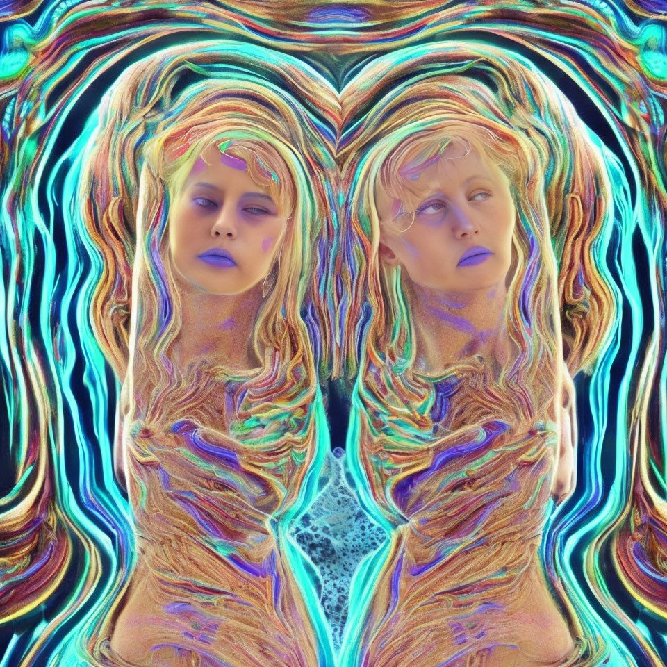 Mirrored psychedelic woman with wavy hair and blue lips surrounded by abstract patterns