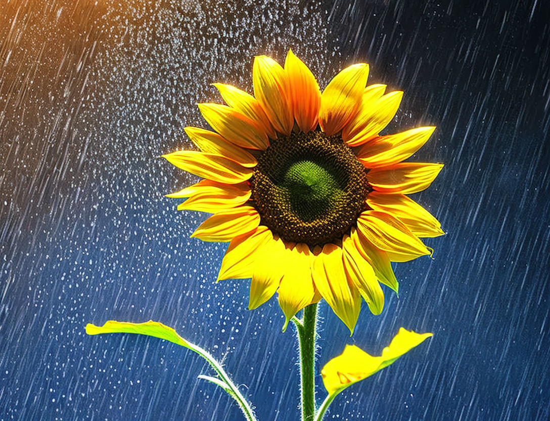 Vibrant sunflower in night rain with sunlight-like glow and water streaks