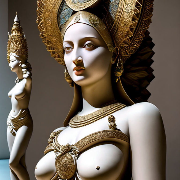 Stylized 3D artwork: Female figure with ornate gold headdress & jewelry