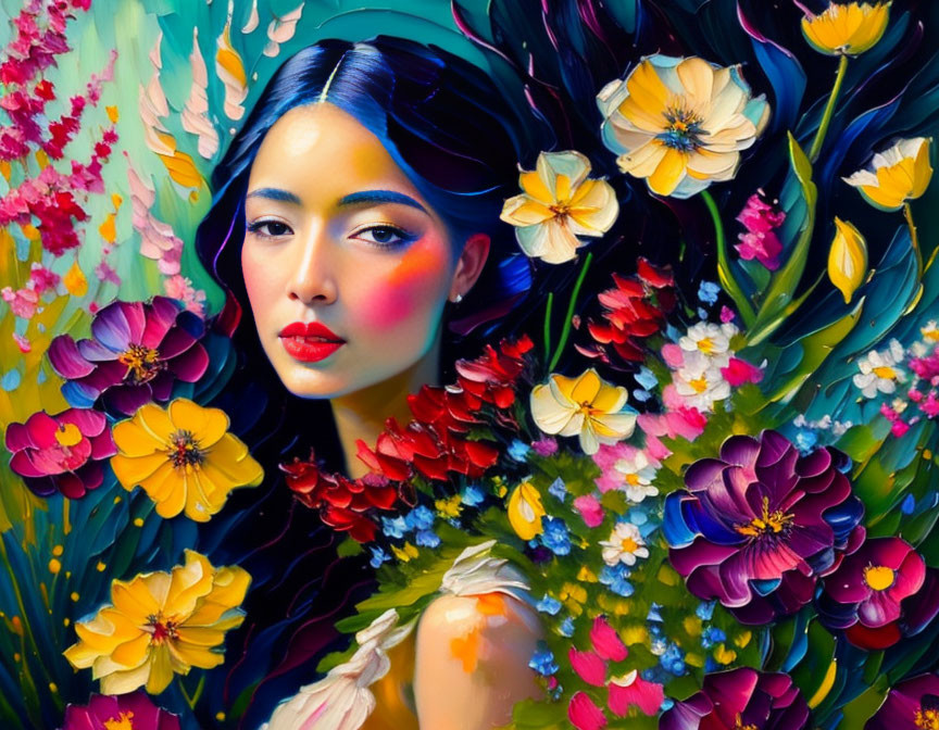 Colorful Flower Surrounding Woman with Detailed Vibrant Cheeks