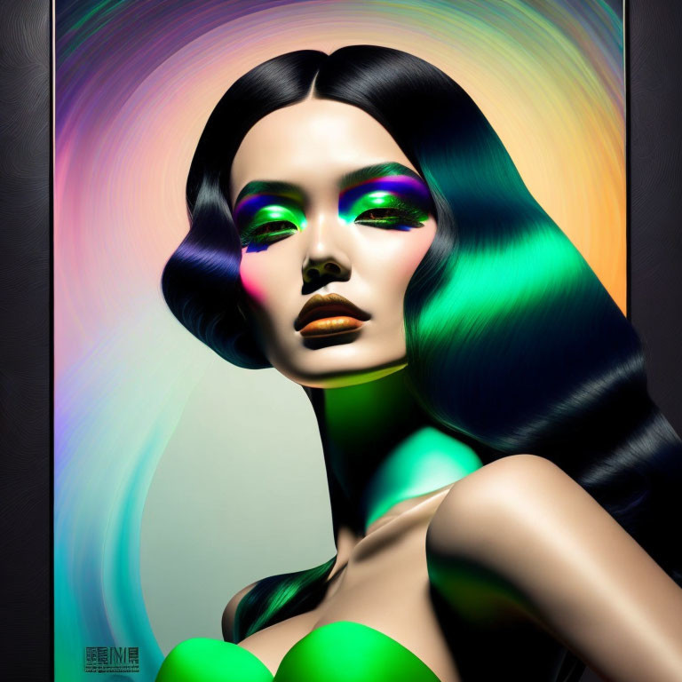 Vibrant multicolored makeup on woman in digital art