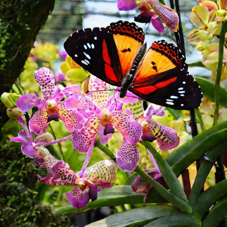 Orange Butterfly on Purple Orchids in Green Foliage