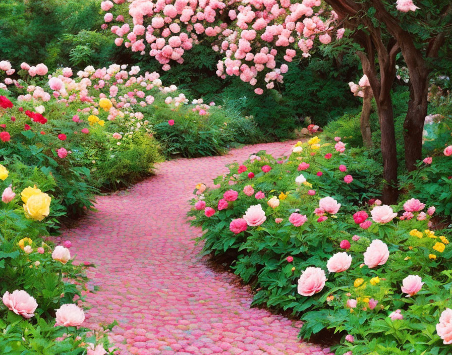 Colorful Garden Path with Pink, Yellow, and Red Flowering Bushes