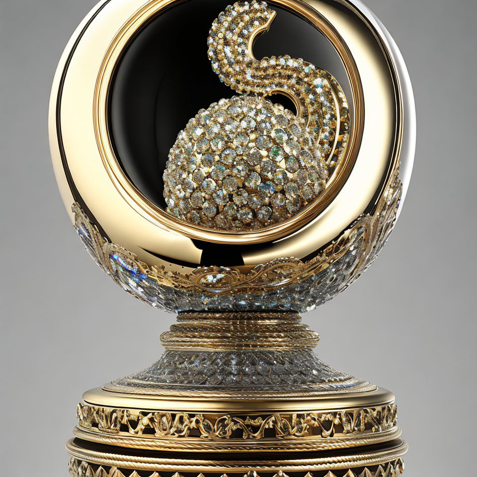 Black and Gold Luxury Trophy with Diamond Peacock Design