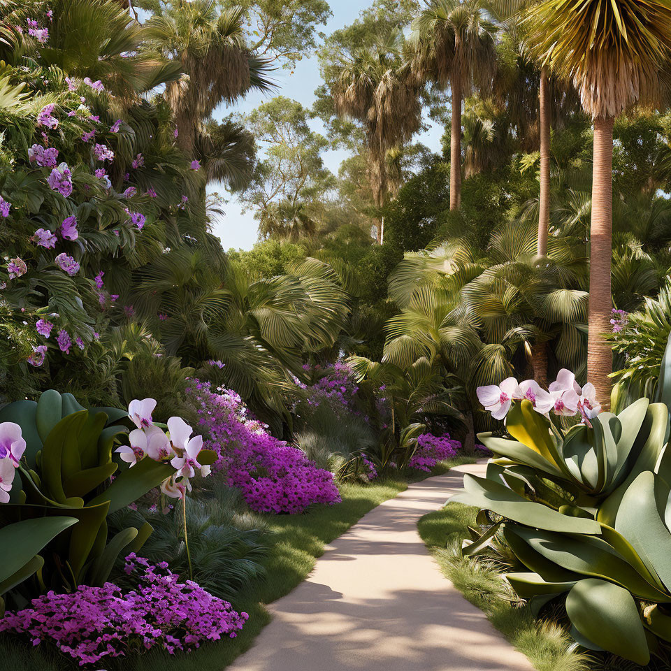 Tranquil garden pathway with vibrant purple flowers and lush green palms