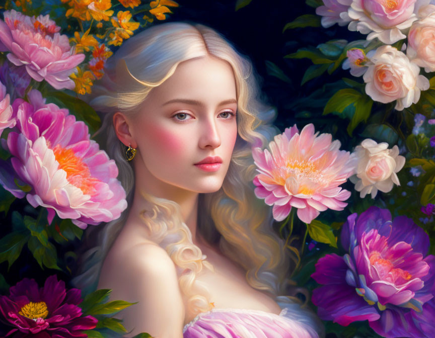 Blonde woman portrait with pink and white flowers on dark background