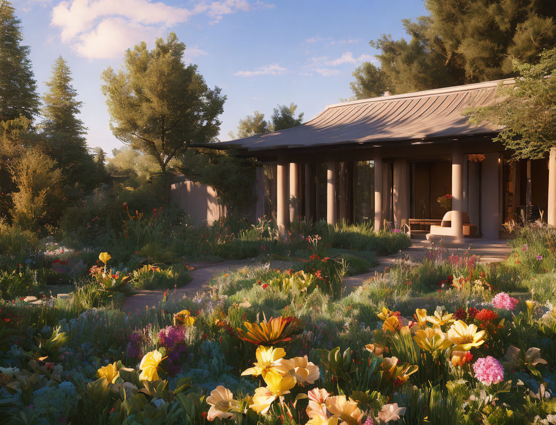 Colorful Flower Garden Blooming in Front of Classic House with Pillared Porch