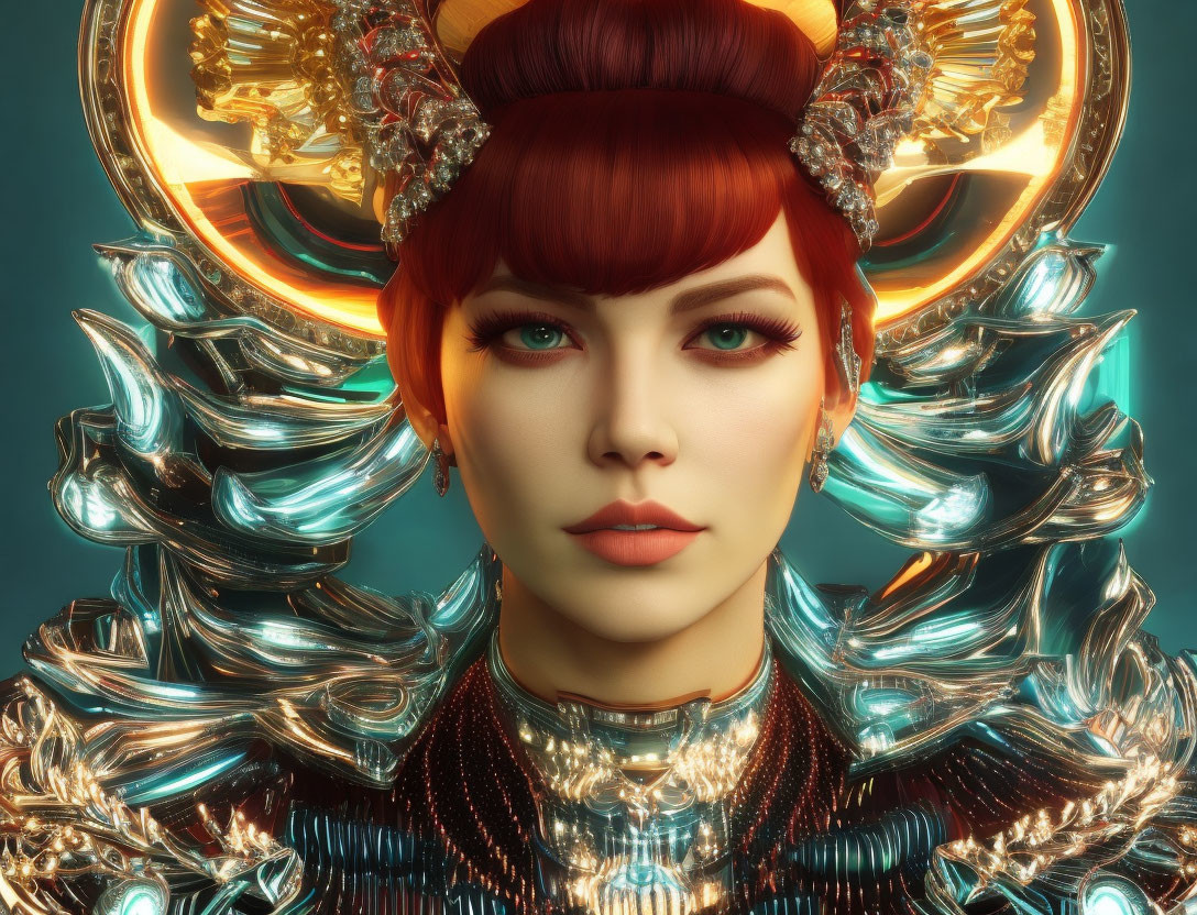 Digital artwork featuring woman with red hair and golden crown against teal background