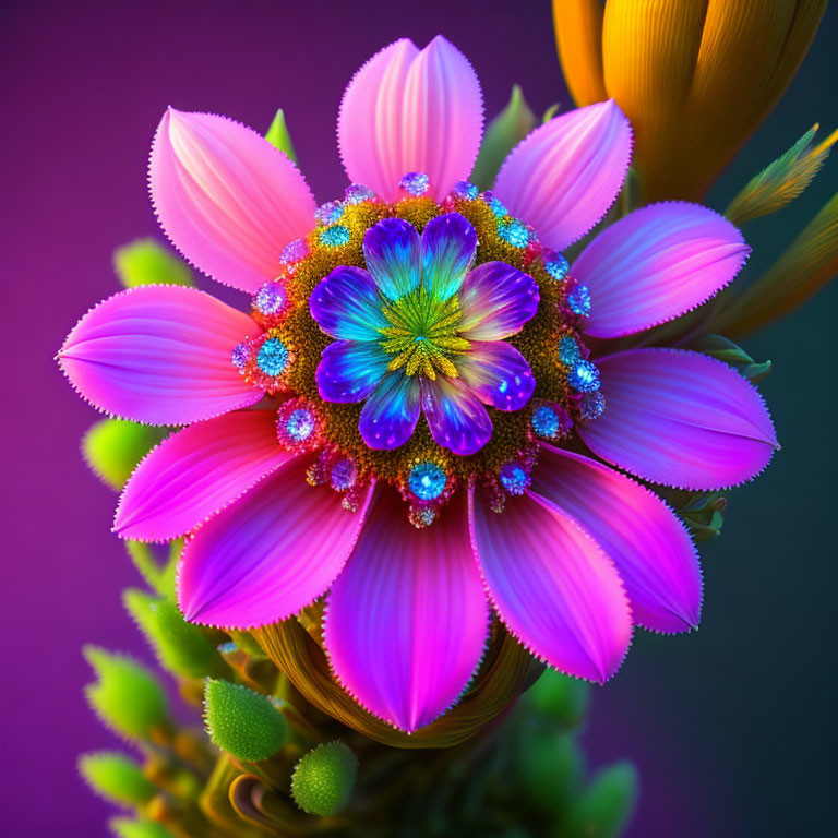 Vibrant pink flower with multicolored center on purple background