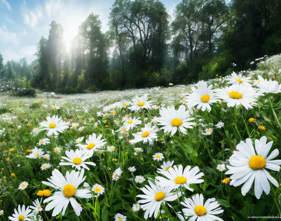 Sunlit Field of White Daisies Surrounded by Lush Trees and Clear Blue Sky