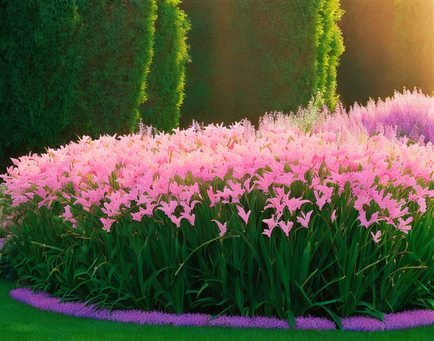 Lush Green Hedges & Pink Blooming Flowers in Sunlight