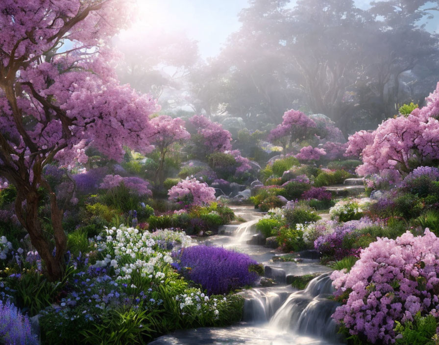 Tranquil stream in lush garden with vibrant purple blossoms