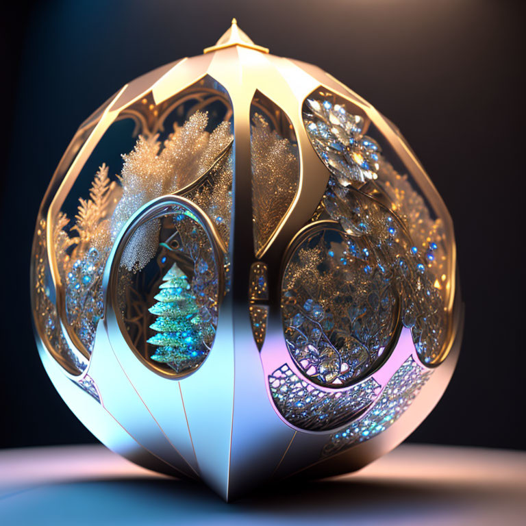 Ornate 3D-rendered golden sphere with Christmas tree and snowflakes on dark background