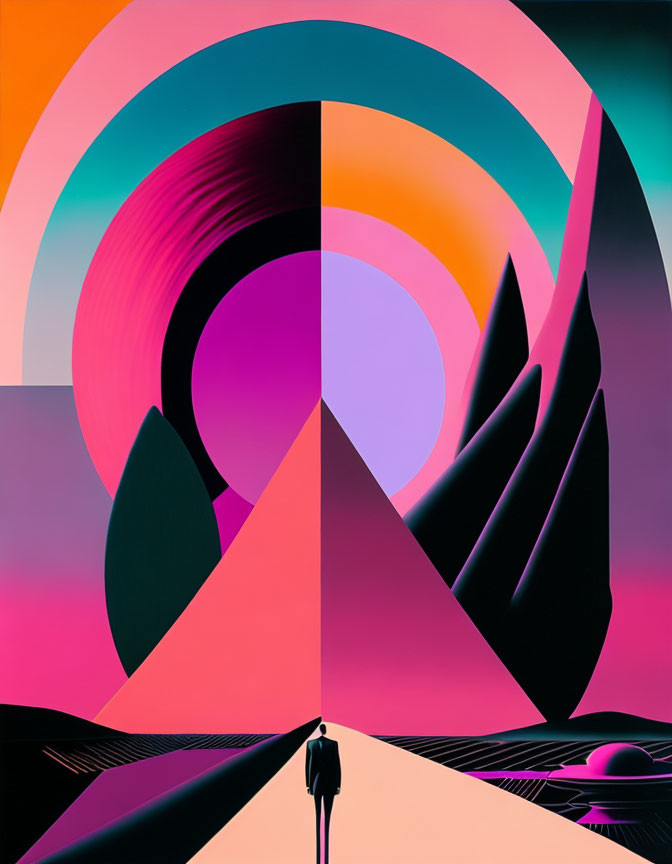 Abstract, colorful landscape with geometric shapes and arches