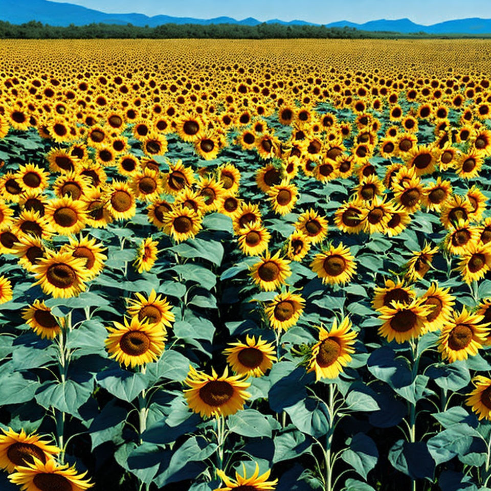 Expansive sunflower field under clear blue sky