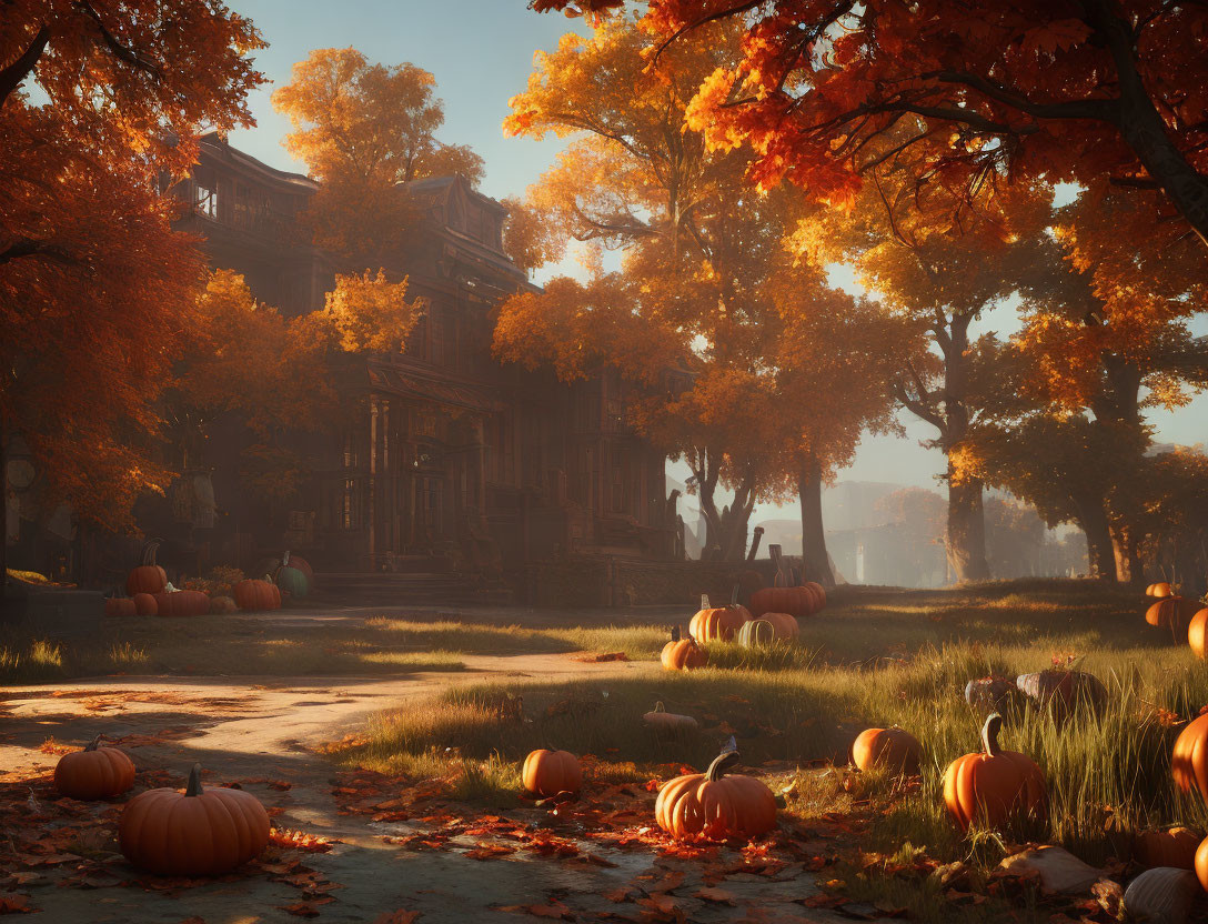 Rustic house surrounded by pumpkins and orange foliage