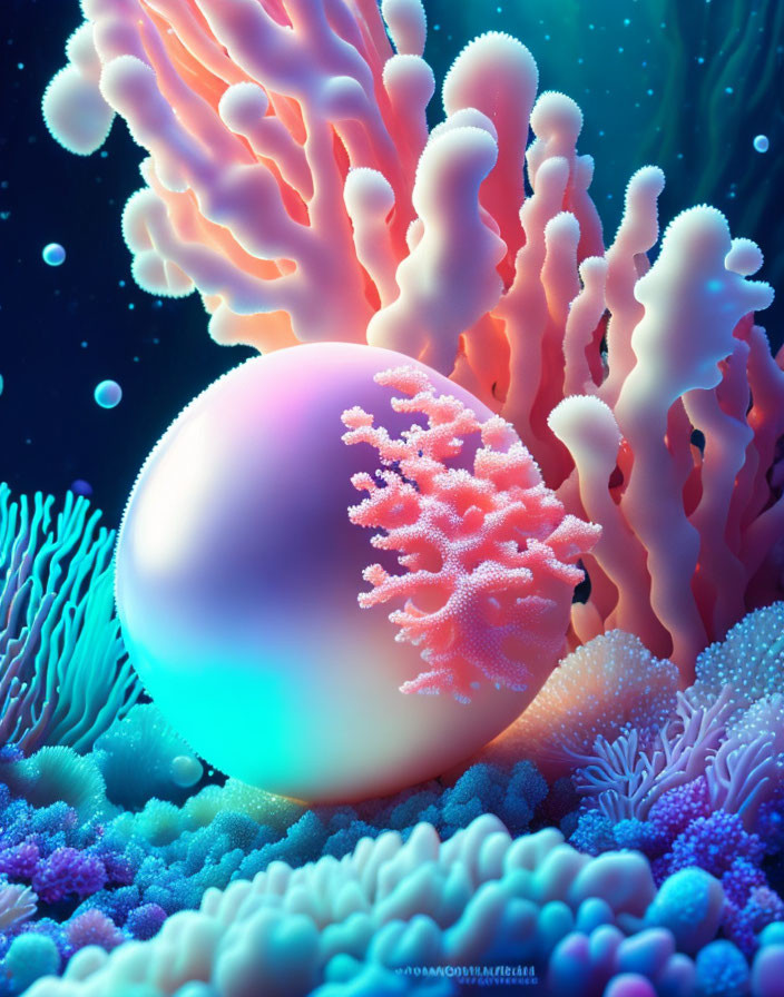 Vibrant underwater digital artwork with glowing orb and coral formations