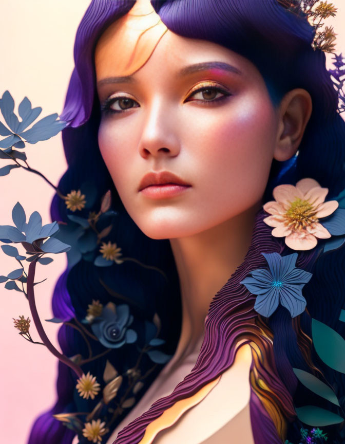 Vibrant digital portrait of woman with purple hair and flowers on pink background