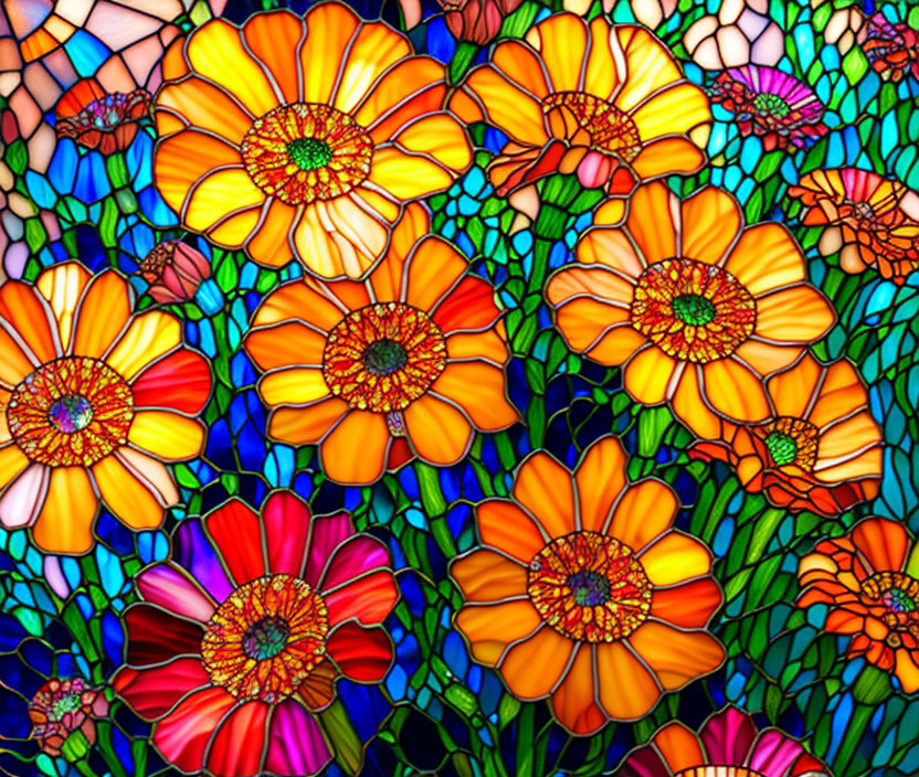 Colorful Blooming Flowers Stained Glass Window