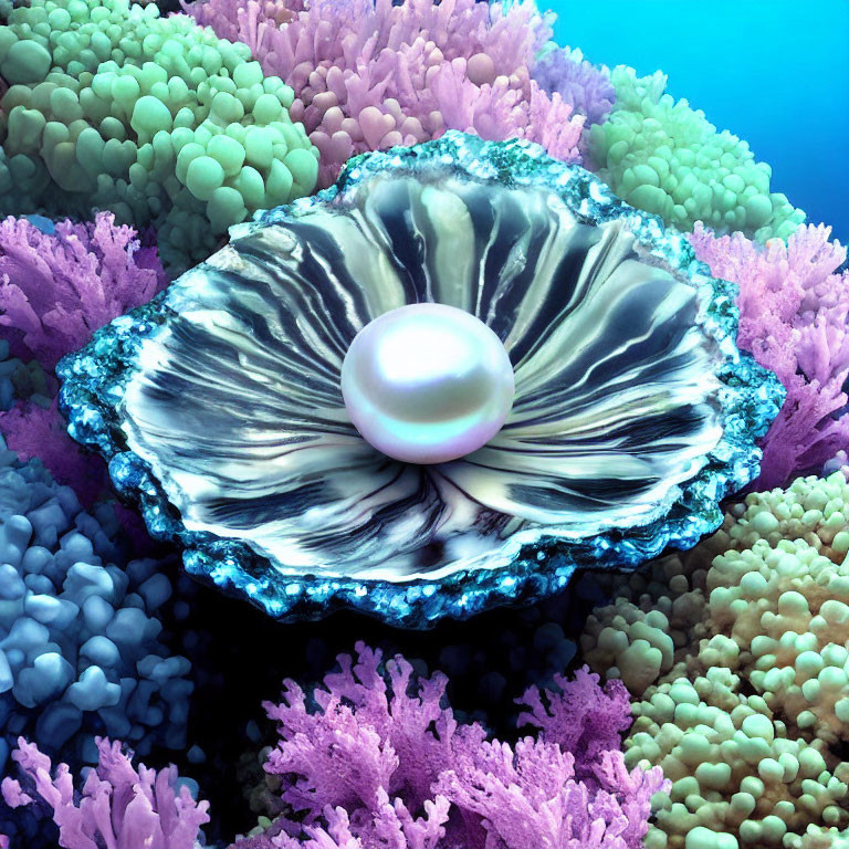 Iridescent Pearl in Open Seashell Amid Vibrant Coral