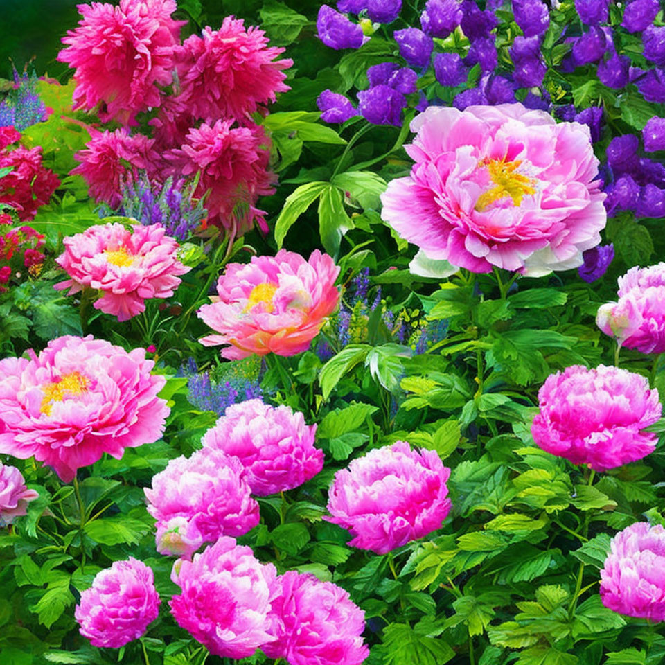 Lush Pink and Purple Peonies in Vibrant Garden Scene