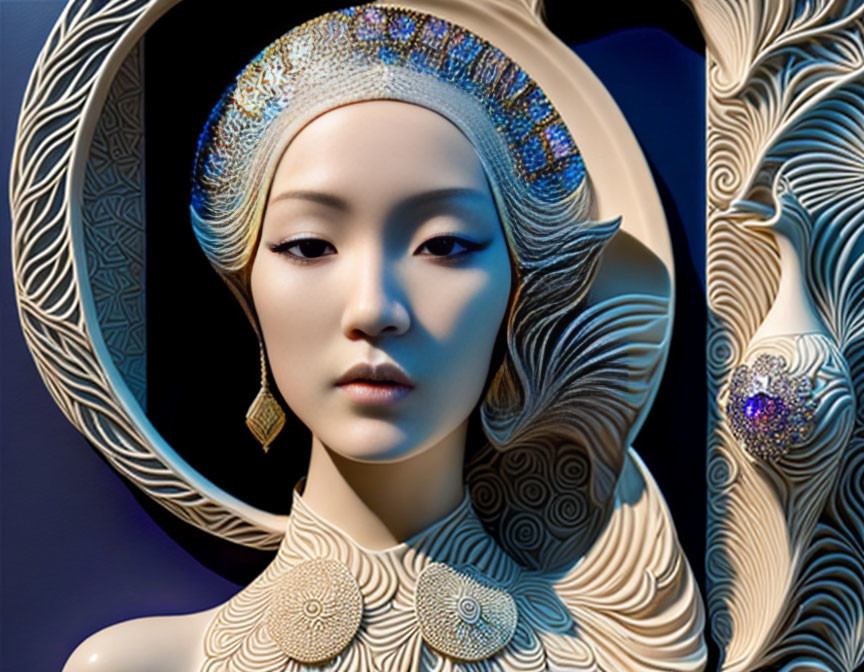 East Asian Woman Digital Art with Ornamental Frame & Jeweled Textures