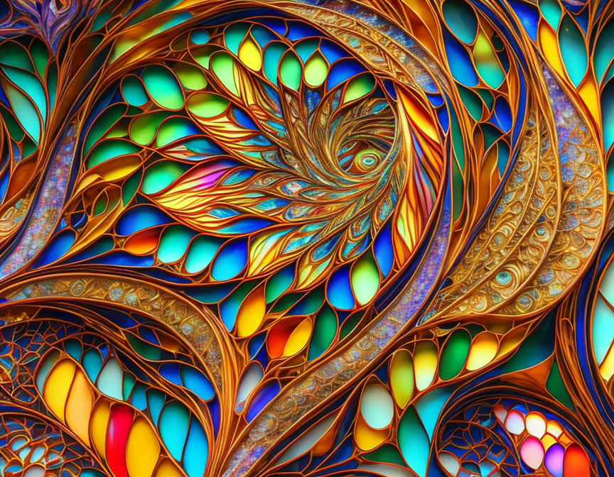 Colorful Fractal Design with Swirled Patterns in Blue, Orange, and Green