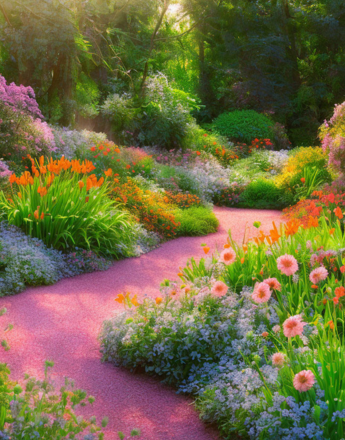 Colorful Garden Path Surrounded by Lush Flowers