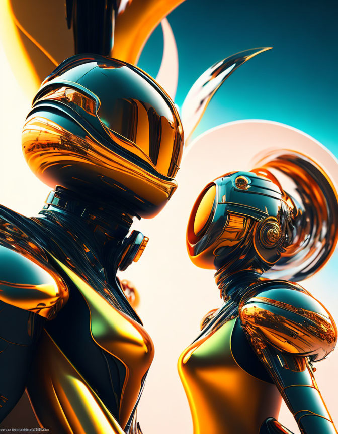 Futuristic metallic robots against colorful abstract backdrop