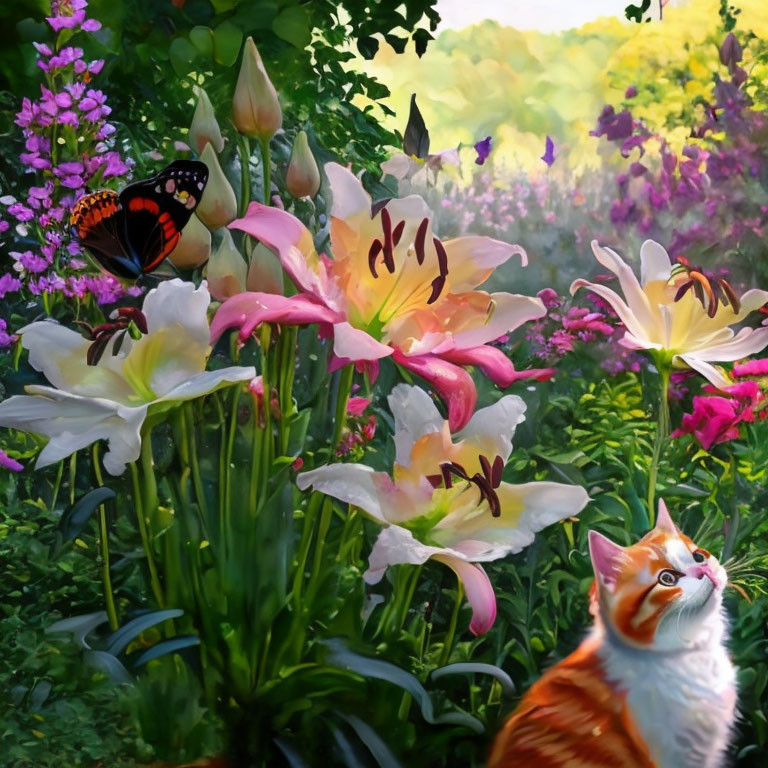 Ginger and White Cat Surrounded by Lilies and Butterfly