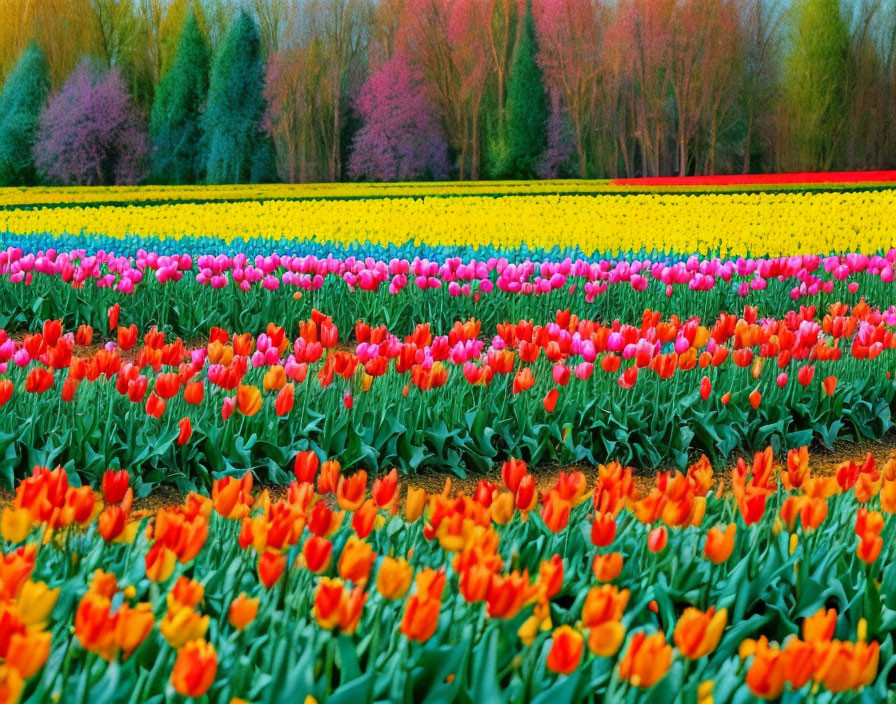 Colorful Tulip Field with Spring Trees