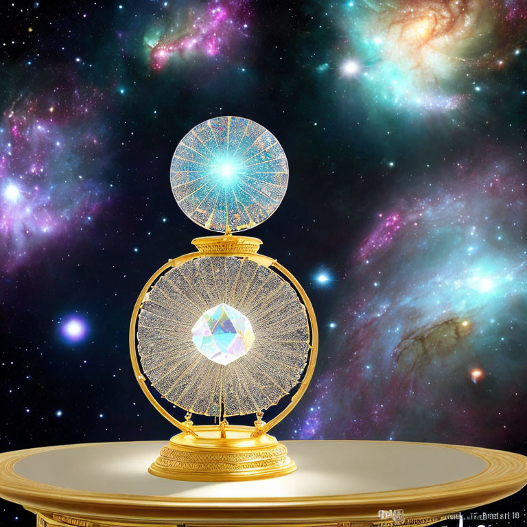 Golden astrolabe on reflective surface with cosmic nebula backdrop