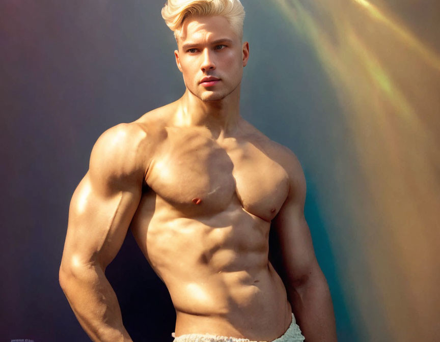 Blond muscular man shirtless against colorful backdrop