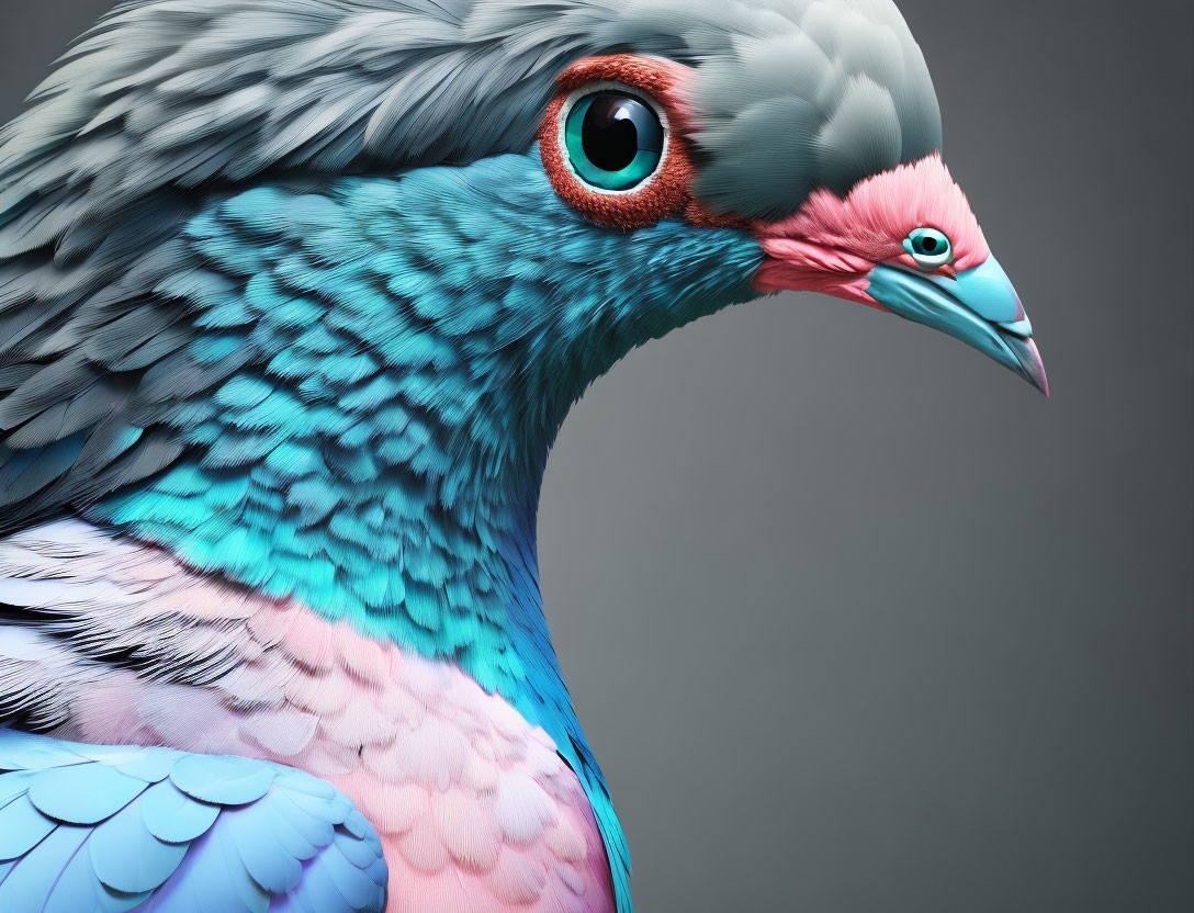 Colorful digitally-enhanced pigeon with turquoise and pink feathers and red beak.